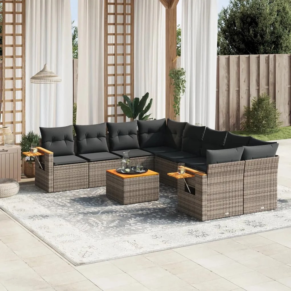 vidaXL 9 pcs conjunto sofás p/ jardim com almofadões vime PE cinzento
