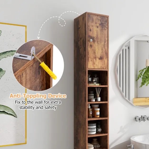 Armário de casa de banho alto e estreito com gaveta e 5 estantes ajustáveis 20 x 20 x 180 cm Café
