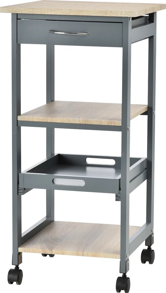 HOMCOM Carrinho de serviço para cozinha com rodas 2 prateleiras + tabuleiro removível + gaveta madeira de pinho MDF cinza carvalho claro | Aosom Portugal