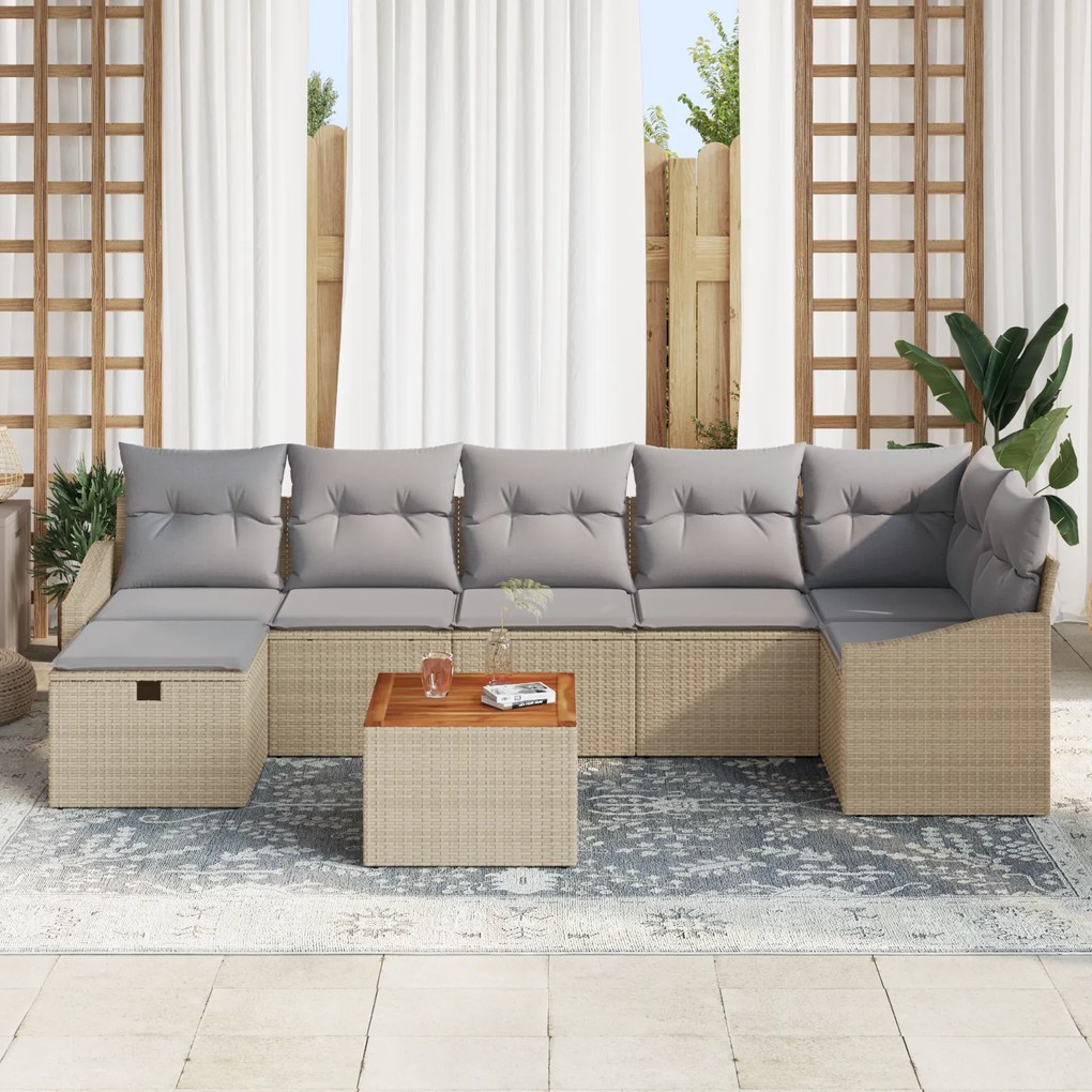 Conjunto de Sofá de Jardim 8 Peças com Almofadas Bege Polirattan