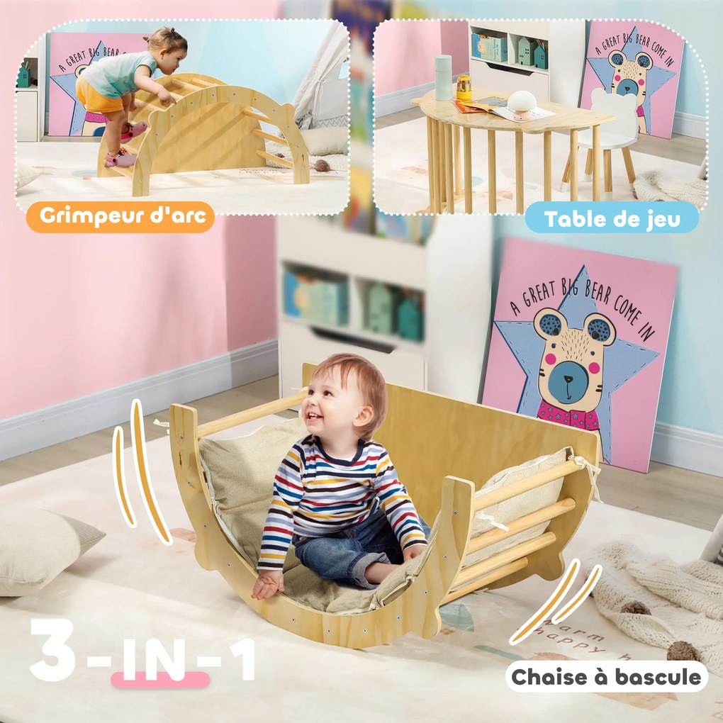 Arco de escalada, cadeira de baloiço e mesa de jogos com almofada, 3 em 1, em madeira natural, para crianças dos 18 aos 48 meses