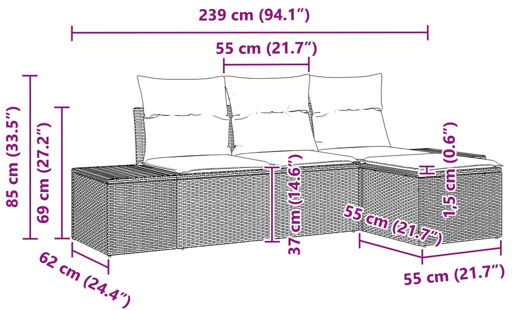 Conjunto de Sofá de Jardim de 4 Peças com Almofadas Cinza de Rattan