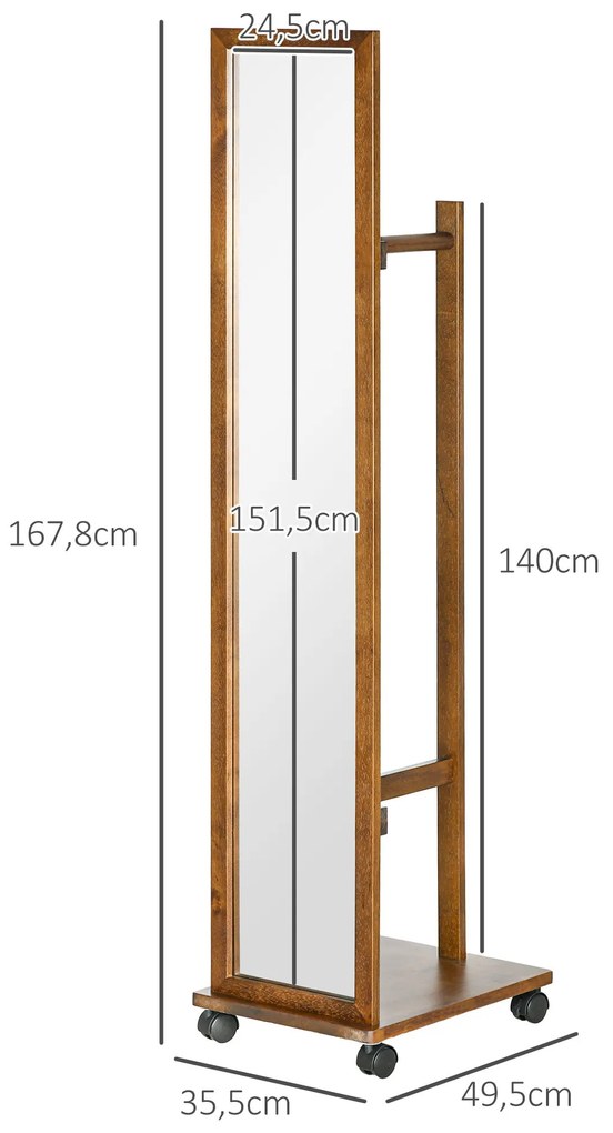 HOMCOM Espelho de Pé com Rodas Espelho de Corpo Inteiro com Barra para