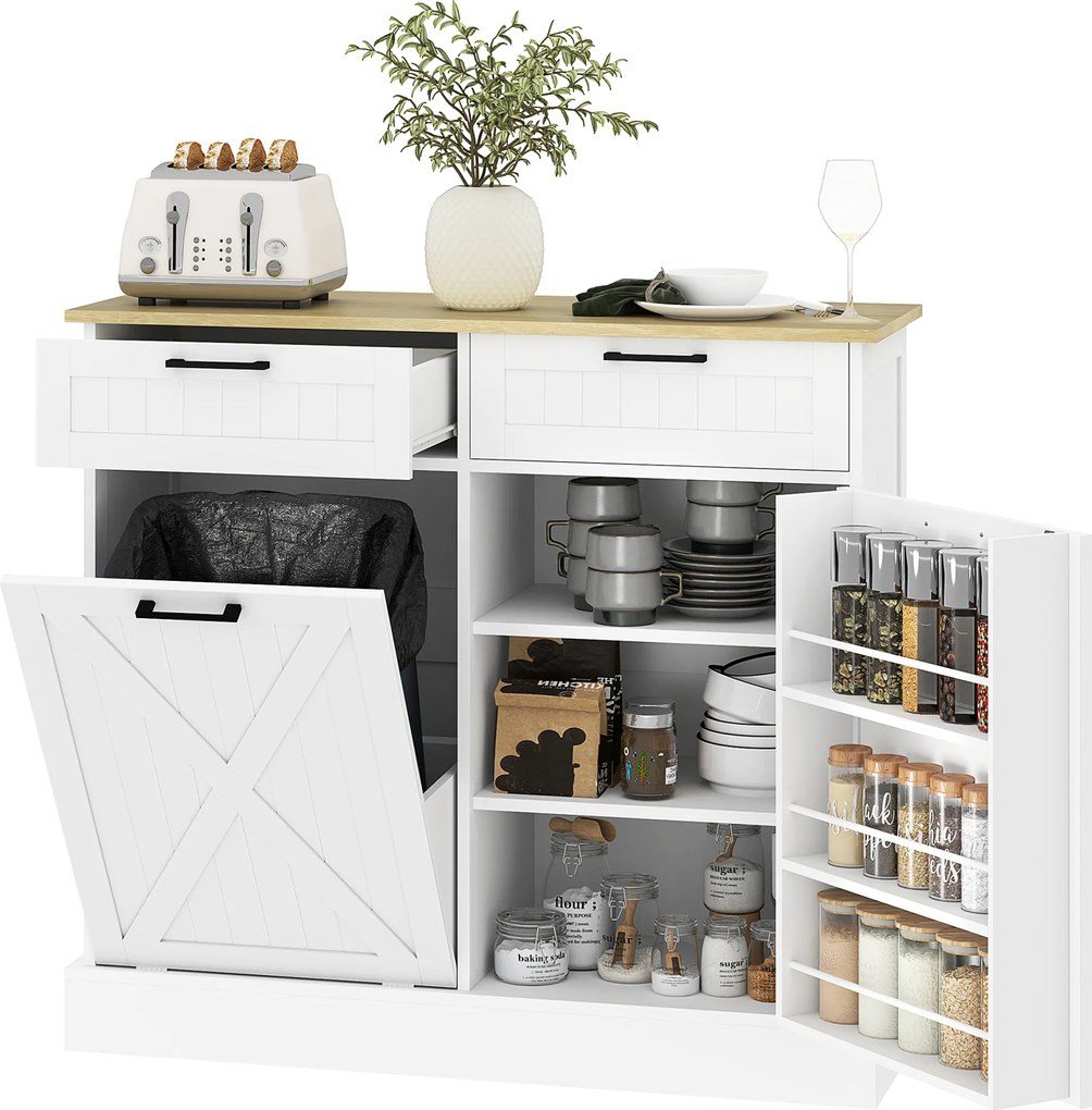 HOMCOM Aparador de Cozinha com Compartimento para Lixo 38L Móvel de Cozinha com 2 Gavetas Suporte para Especiarias e Bancada Branco | Aosom Portugal