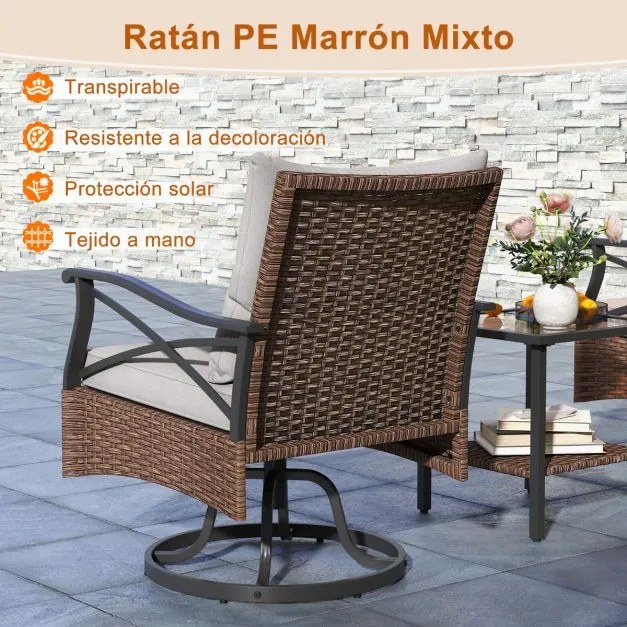 Conjunto jardim de 3 peças de 2 cadeiras de baloiço giratórias de rattan para exterior com almofadas de mesa lateral de vidro temperado para jardim, p