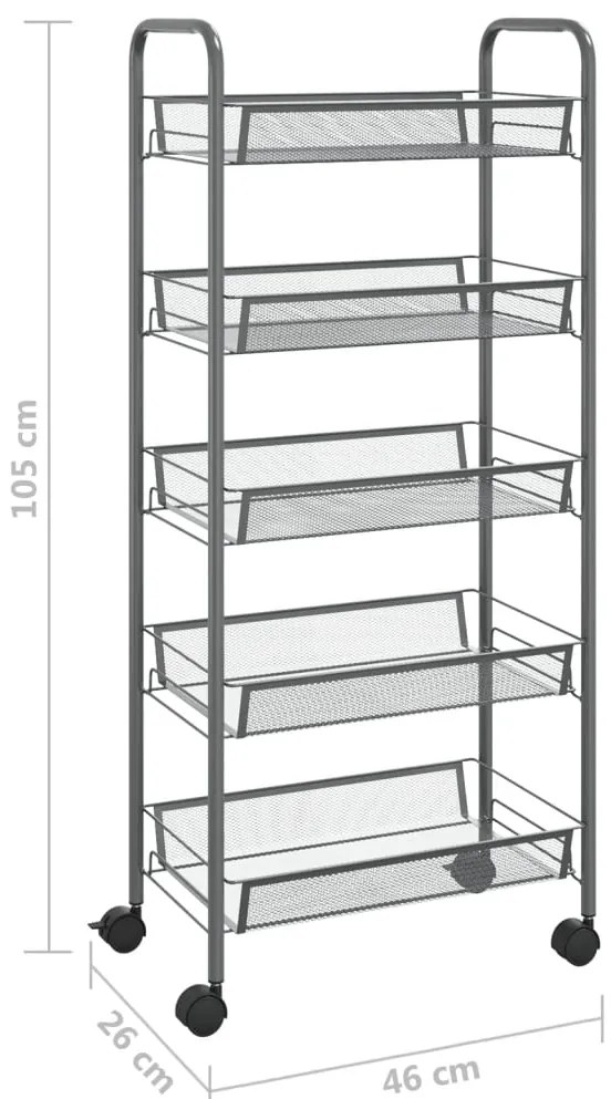 Carrinho de cozinha c/ 5 prateleiras ferro 46x26x105cm cinzento
