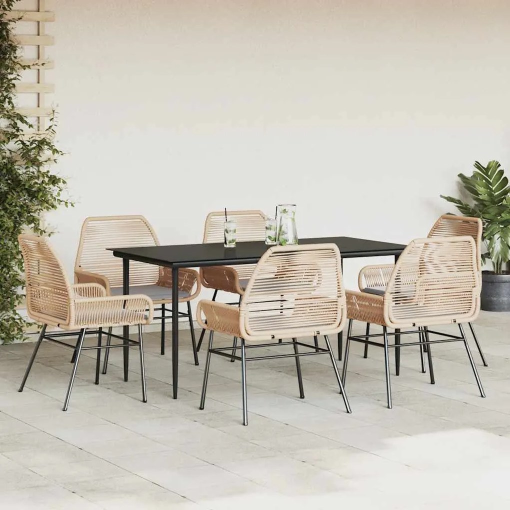 Conjunto jantar jardim 7 peças almofadas vidro vime PE castanho