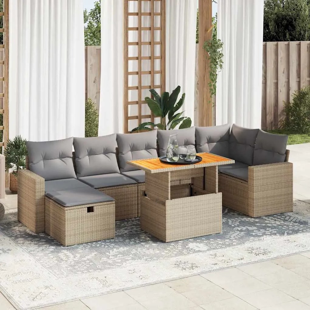 5 pcs conj. sofás p/ jardim c/ almofadões vime PE/acácia bege