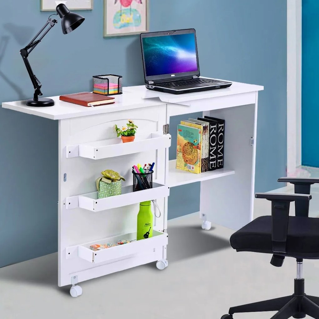 Mesa Dobrável PC de Costura Multifuncional Mesa 3 Prateleiras 5 Rodas 117 x 40 x 74 cm Branco