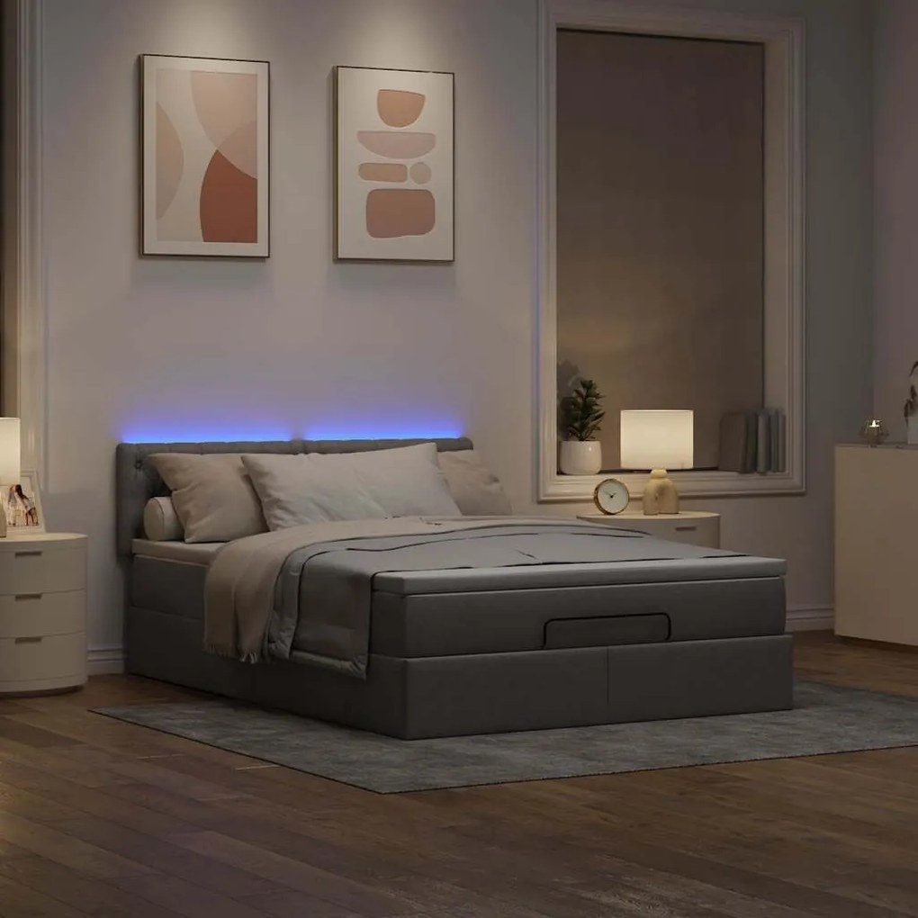 Cama Otomana com Colchão &amp; LEDs Taupe 140x200 cm Tecido