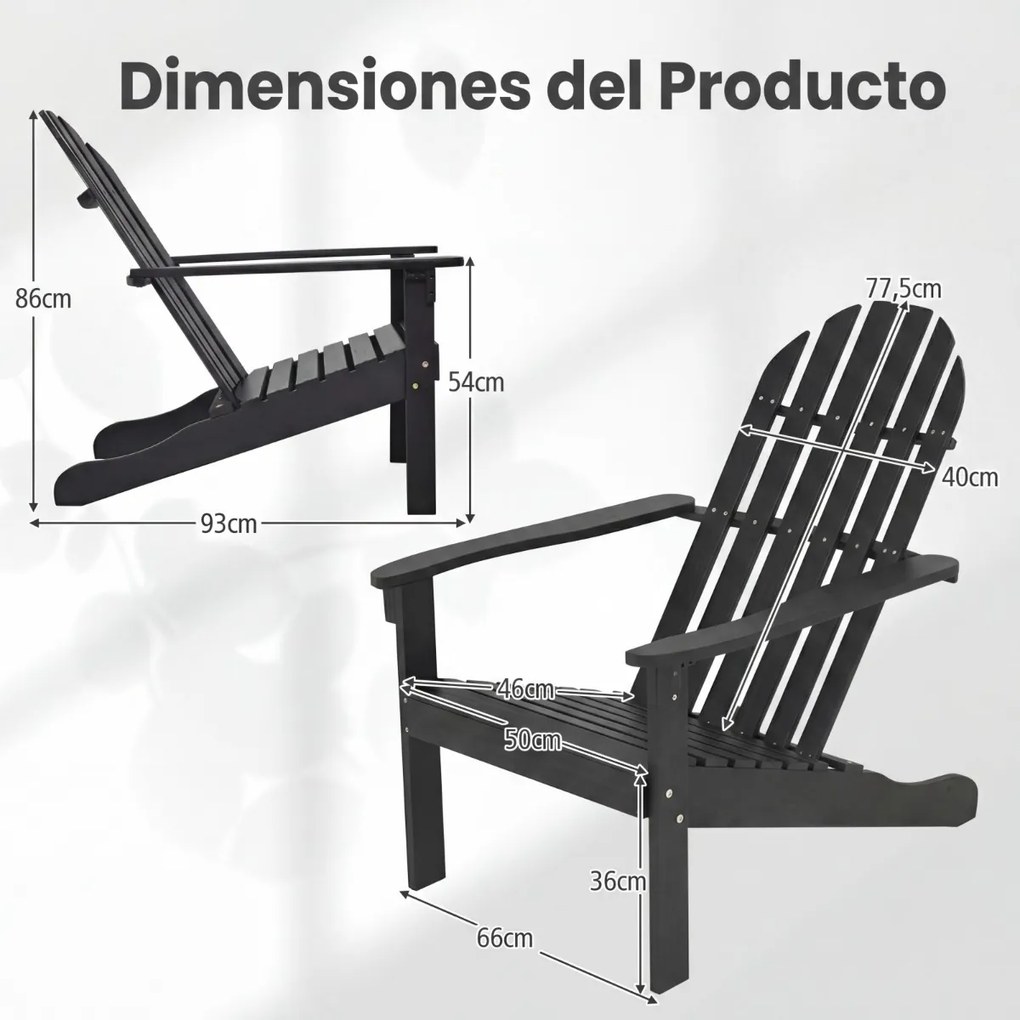 Cadeira Adirondack 93 x 66 x 86 cm em madeira de acácia (MESA NÃO INCLUIDA) com assento inclinado e encosto alto ergonómico, com ripas, para alpendre,