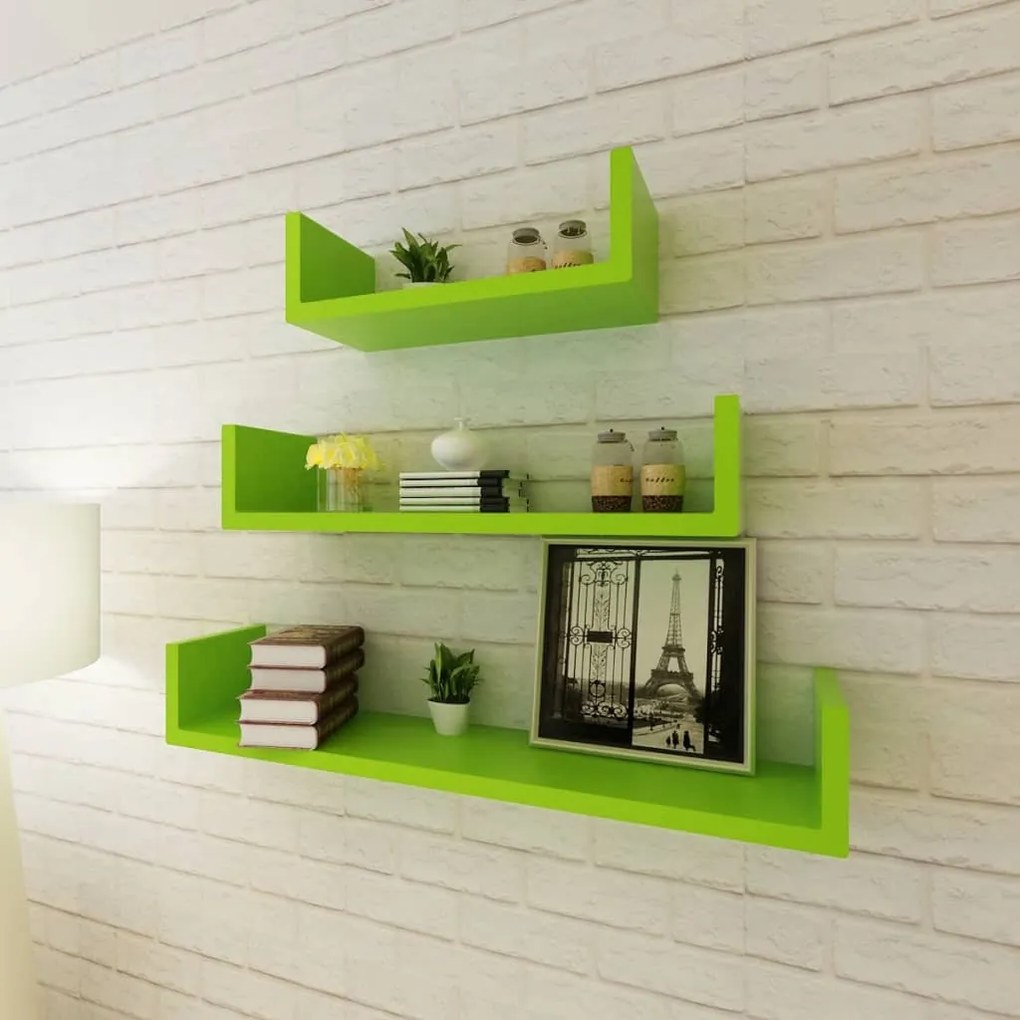 Conjunto 3 prateleiras de parede em forma de U MDF verde