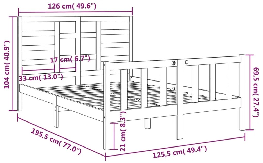 Estrutura de cama pequena casal 120x190 cm pinho maciço