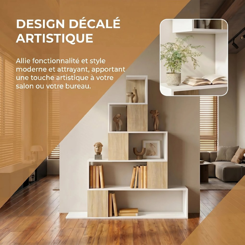 Estante de arrumação 120 x 22 x 131,5 cm, estante geométrica com 5 níveis, para escritório, sala de estar, quarto, em branco e madeira natural