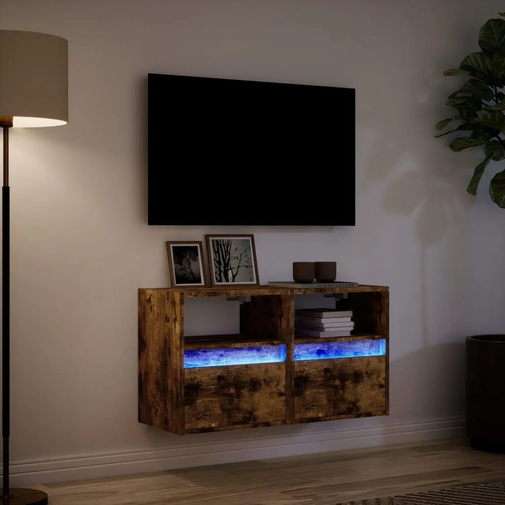 Móveis de parede para TV com luzes LED 2 pcs carvalho fumado