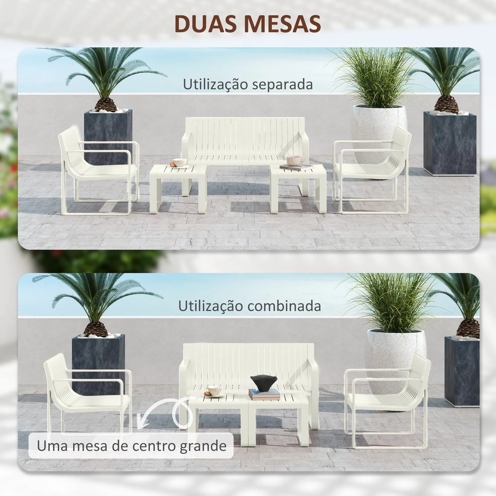 Conjunto de Jardim 5 Peças Móveis de Exterior com 2 Poltronas 1 Sofá de 2 Lugares e 2 Mesas de Centro Desenho de Ripas Branco