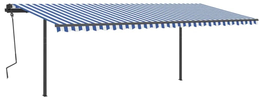 Toldo retrátil manual com postes 6x3 m azul e branco