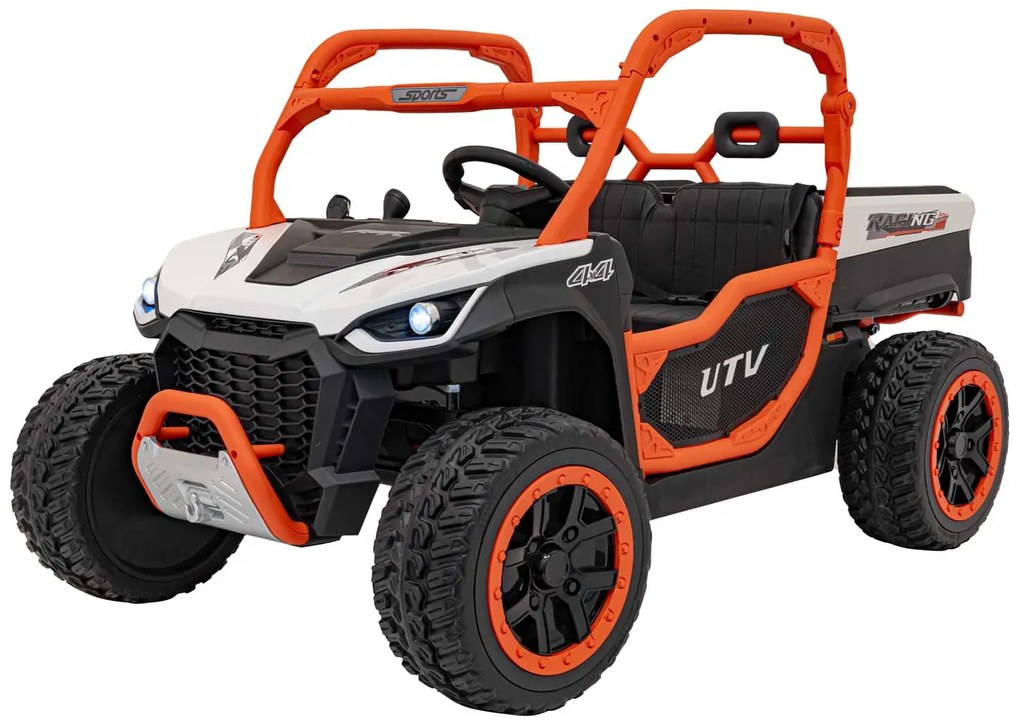 Carro elétrico para Crianças 3 a 7 anos, 2 Lugares Farmer Truck UTV Racing 24V 4x4 Rodas Espuma EVA, assento couro ecológico Branco e Laranja