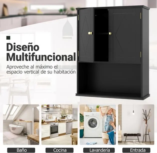 Armário de casa de banho de Parede 60 x 21 x 75 cm com 2 Portas com Prateleira Aberta e Ajustável Preto