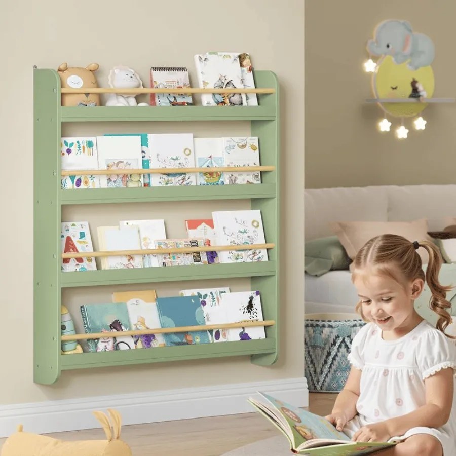 Estante infantil 12 x 80 x 100 cm com 4 níveis para quartos infantis e salas de jogos verde louro-natural