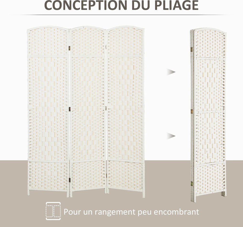 Biombo interior de madeira com 3 painéis 135 x 180 cm, divisória dobrável para sala ou quarto, branco