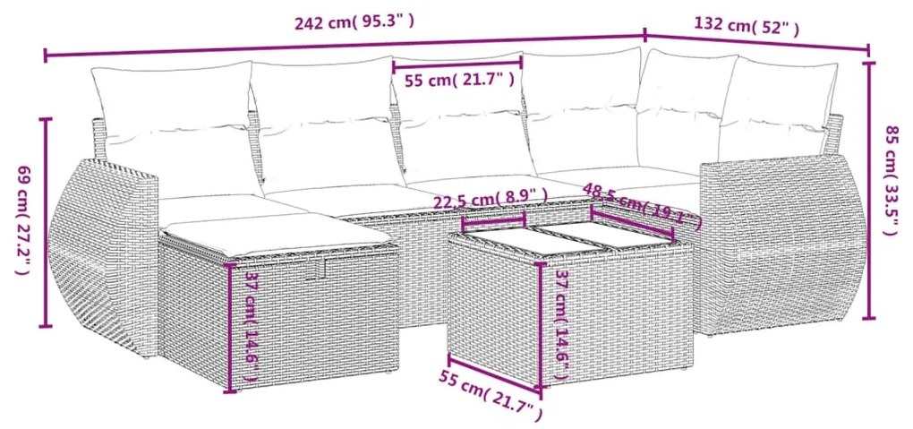 7 pcs conjunto de sofás p/ jardim c/ almofadões vime PE preto
