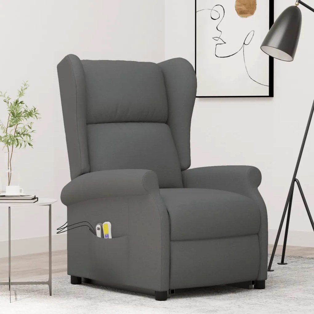 Poltrona de massagens elevável tecido cinzento-escuro