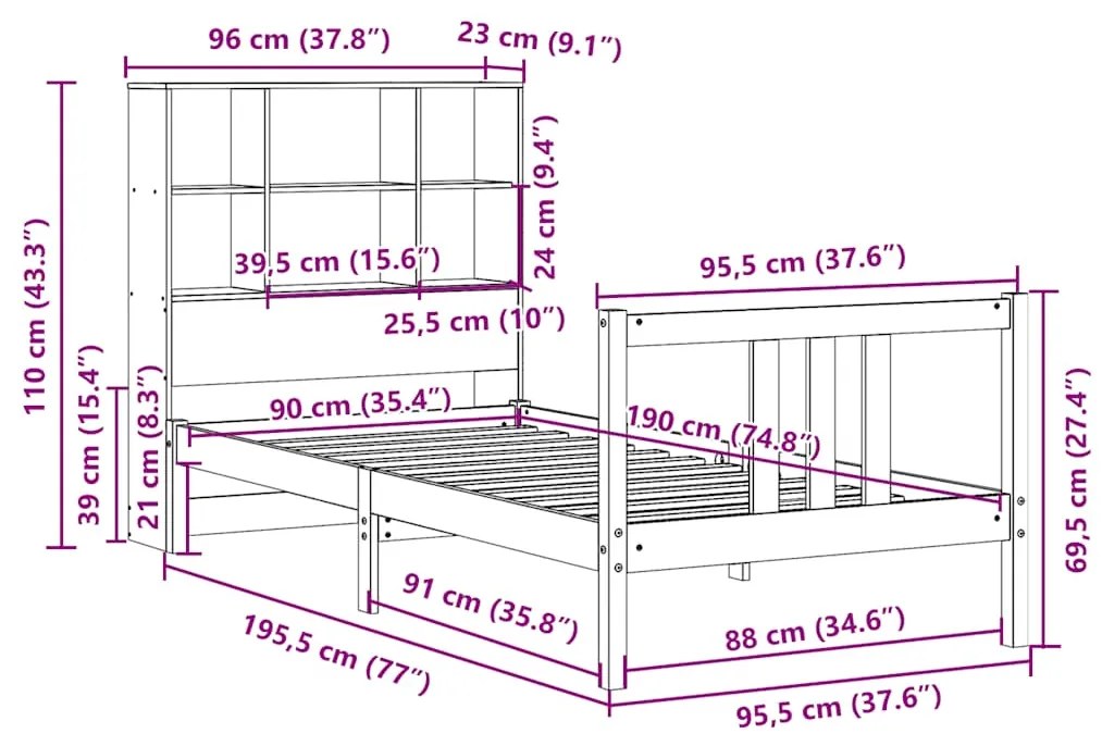 Cama com estante sem colchão 90x190 cm pinho maciço