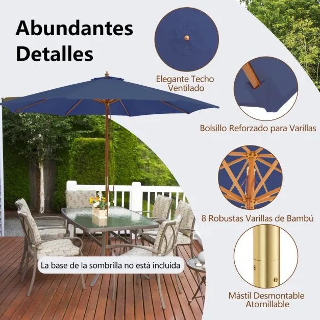 Guarda-sol 300 x 300 x 262 cm com 8 varas de bambu com elevação por roldana e orifício de ventilação para praia ou jardim Azul Marinho