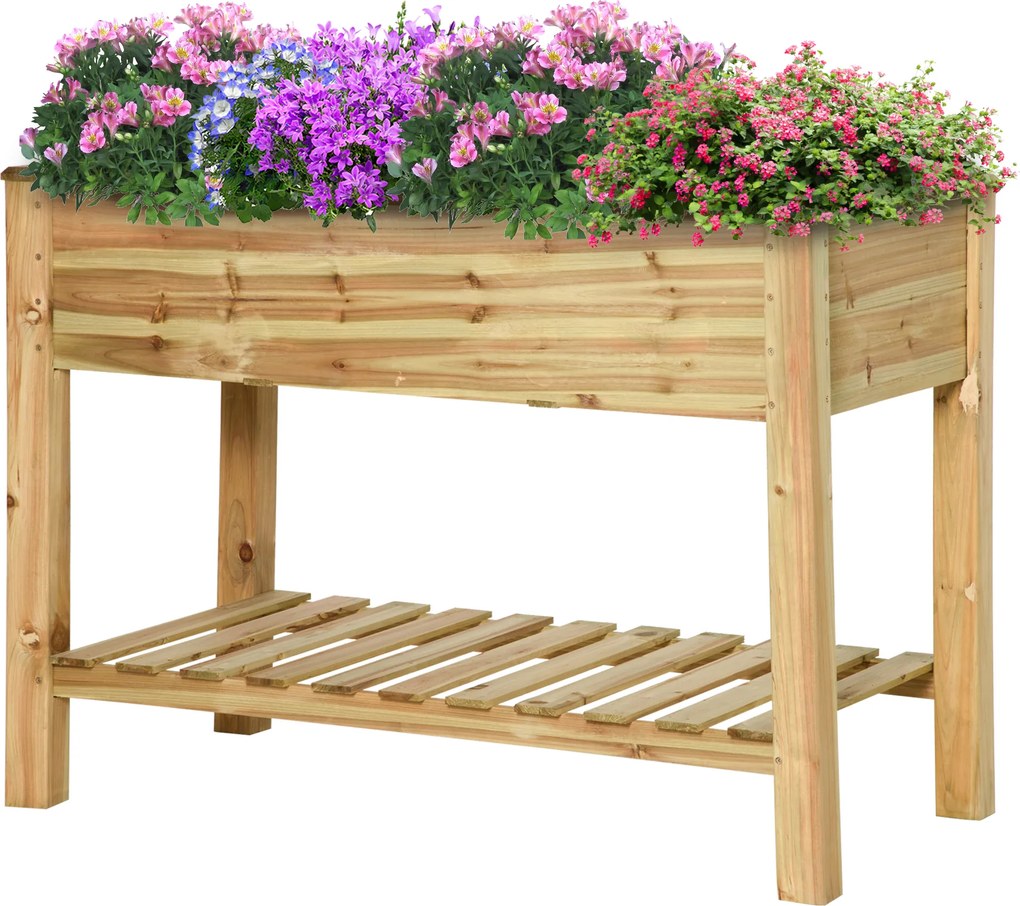 Floreira elevada com prateleira de arrumação em madeira, floreira quadrada com base elevada, 113 x 56 x 84 cm