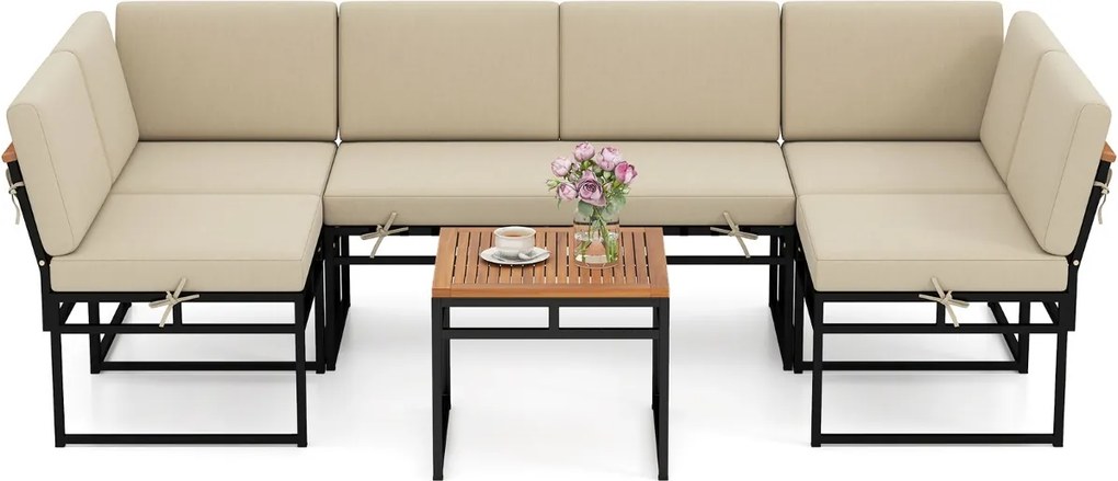 Conjunto jardim de 6 peças para exterior com móveis de metal e madeira de acácia, almofadas e mesa de café para jardim ou piscina, bege