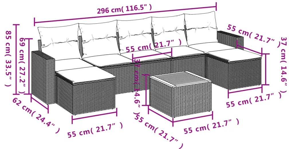 8 pcs conjunto sofás de jardim c/ almofadões vime PE cinzento