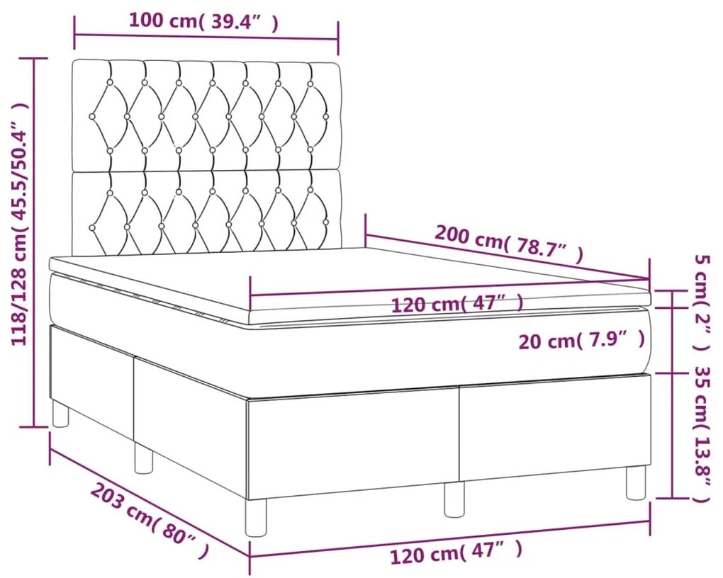 Cama box spring c/ colchão/LED 120x200 cm veludo azul-escuro