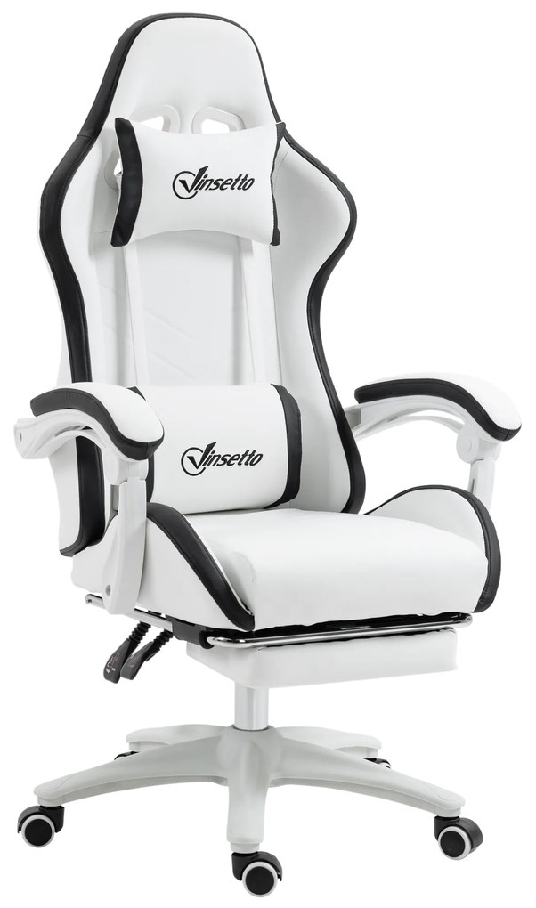 Vinsetto Cadeira gamer Couro PU Altura Ajustável Reclinável 135° Apoio Pés Retrátil Design Moderno 65x65x121-129 cm Branco Preto | Aosom Portugal