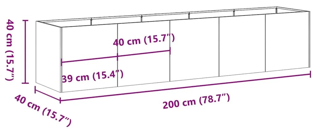 Vaso floreira 200x40x40 cm aço laminado a frio preto