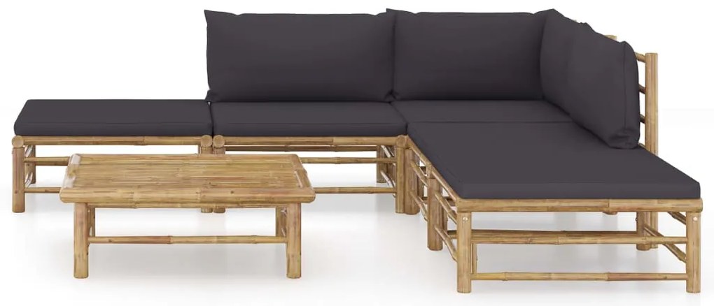 6 pcs conj. lounge jardim em bambu c/ almofadões cinza-escuro