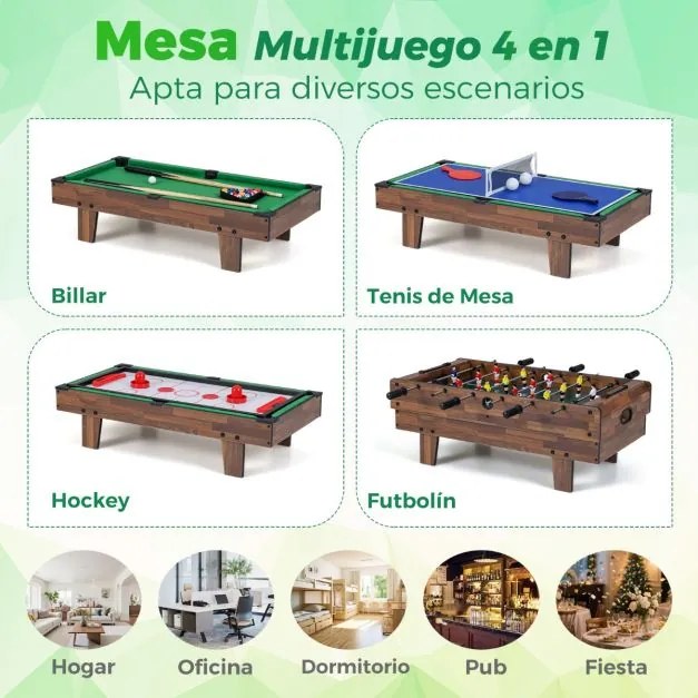 Mesa de jogos 4 em 1 81 x 43 x 30,5 cm com matraquilhos, bilhar, pingue-pongue e hóquei para crianças Café
