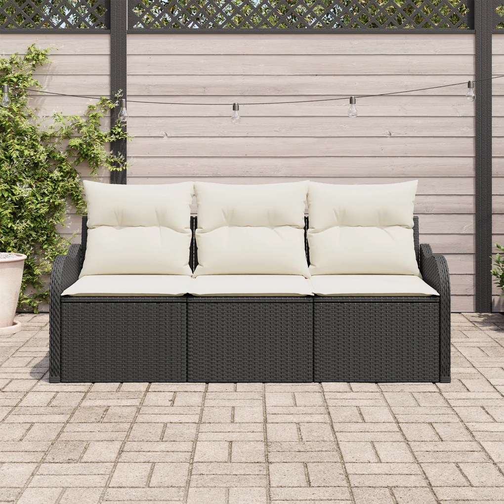 Conjunto de Sofá de Jardim vidaXL 3 Peças com Almofadas Preto Rattan P