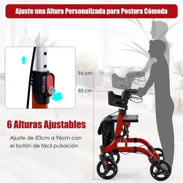 Andarilho 2 em 1 dobrável para idosos com assento Rodas Pegas Altura ajustável Duplo sistema de travões 79,5 x 61,5 x 83-96 cm Vermelho
