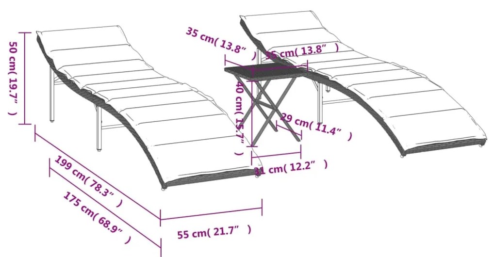 Espreguiçadeiras com mesa 2 pcs vime PE cinzento-claro