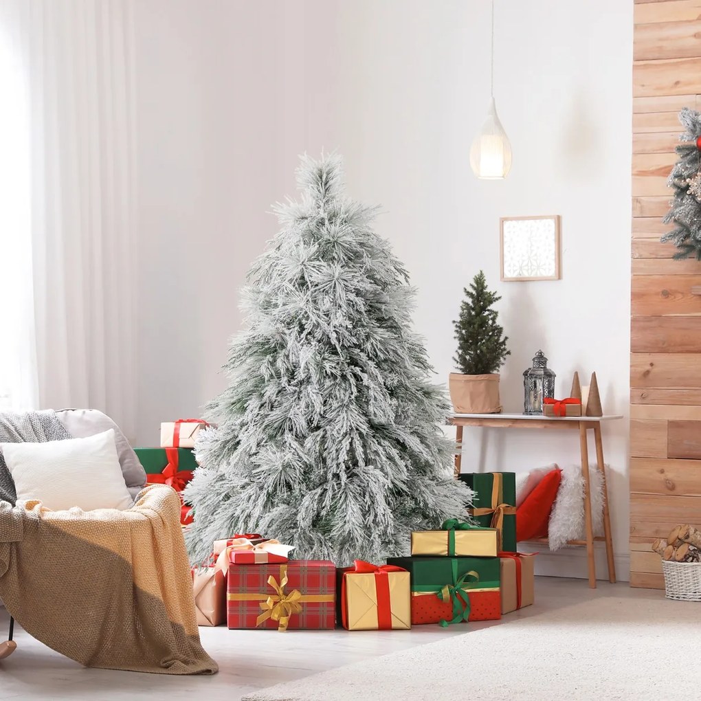 Árvore de Natal com neve artificial de 146 cm com luzes LED brancas quentes Agulhas de pinheiro e folhas de salgueiro Decoração pré-iluminada Verde e