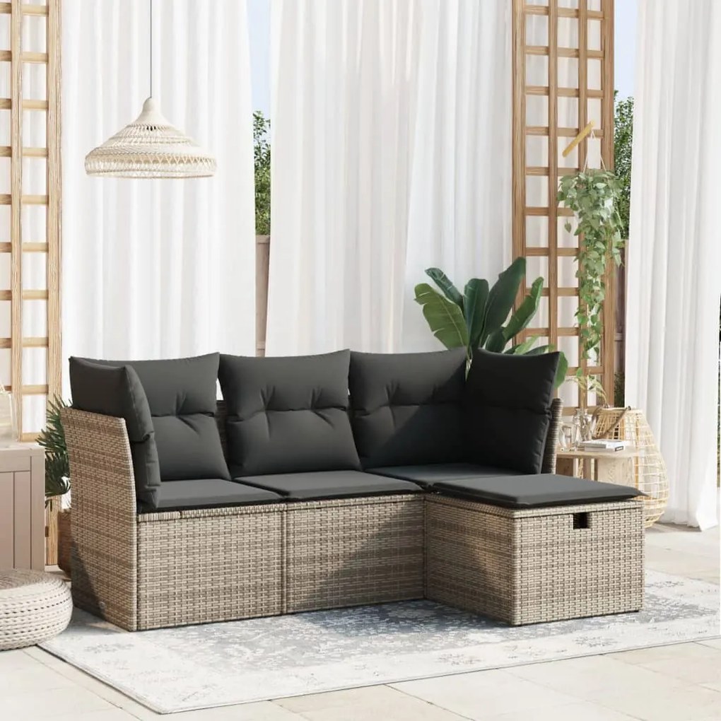 4 pcs conjunto sofás de jardim c/ almofadões vime PE cinzento