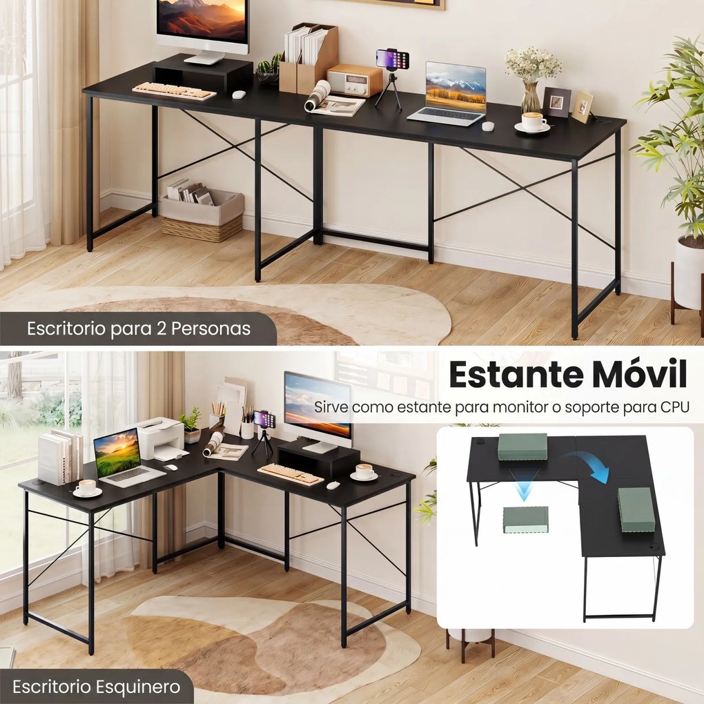 Secretária de Canto para 2 Pessoas, 150 x 150 x 74,5 cm, Reversível 2 em 1, Preto