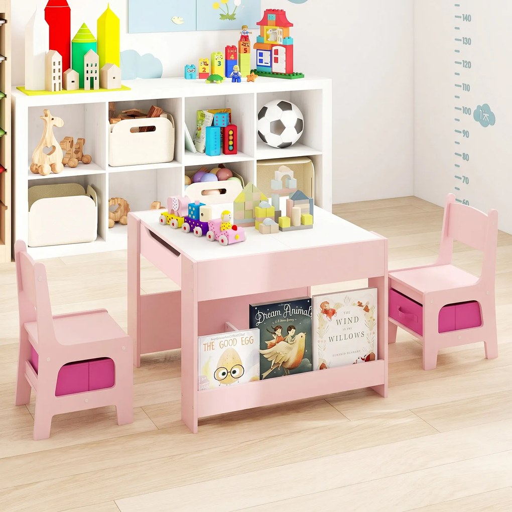 Conjunto de Mesa e 2 Cadeiras Infantis, 61,5 x 61,5 x 48 cm, Quadros de Giz e Branco Reversíveis, Rosa
