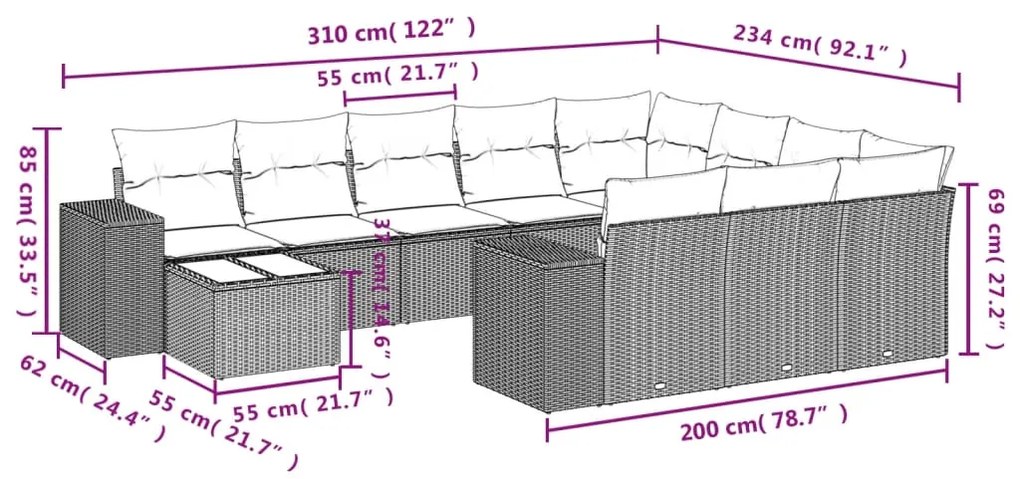 11 pcs conjunto sofás de jardim c/ almofadões vime PE cinzento