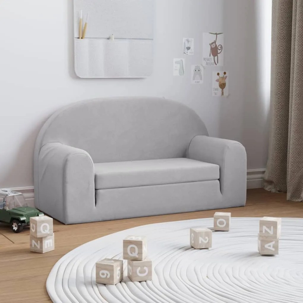 341804 vidaXL Sofá-cama infantil de 2 lugares pelúcia cinzento-claro