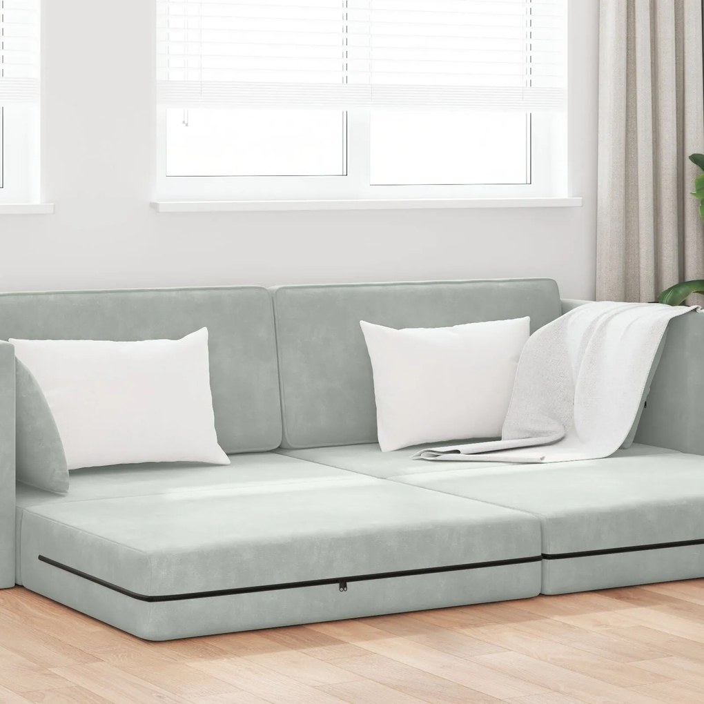 Sofá Cama de Chão 2-em-1 Cinza Claro 213x144x60 cm Veludo