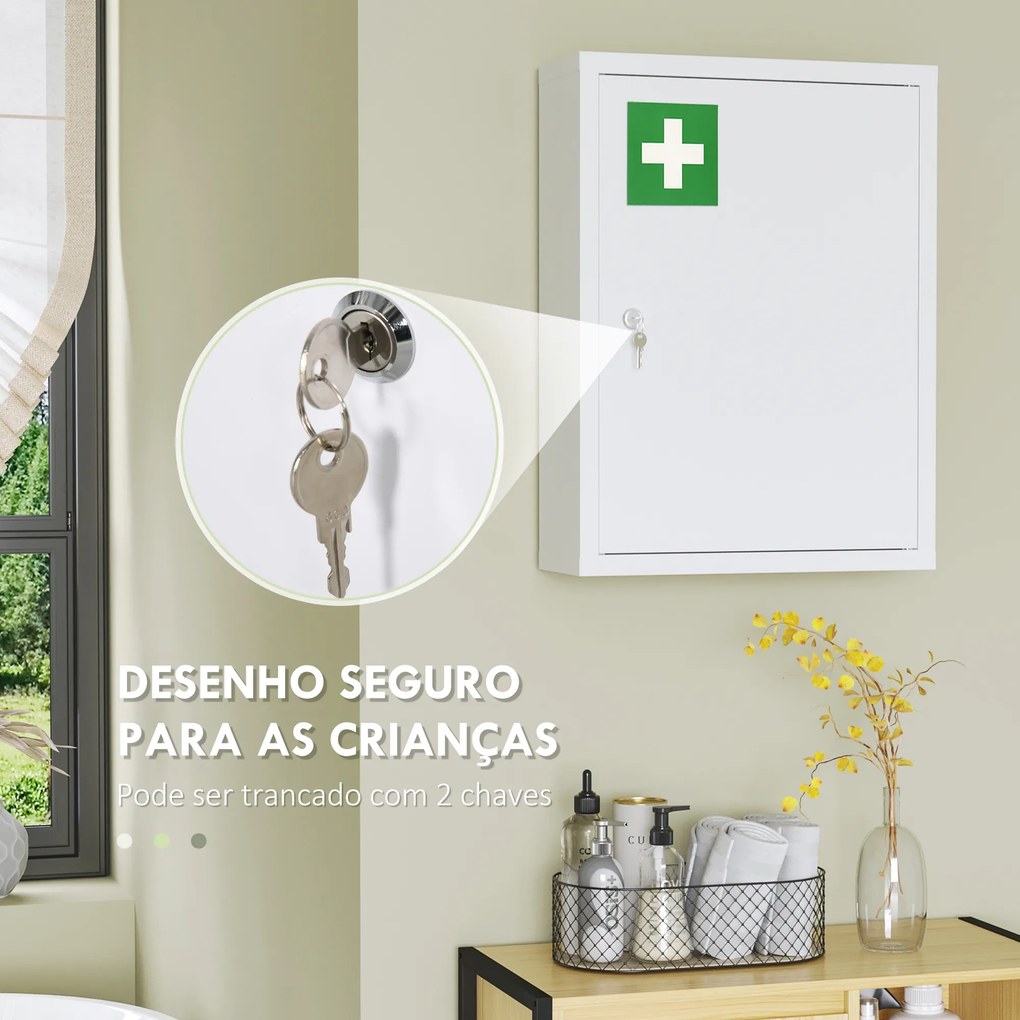 Armário de Parede para Medicamentos de Aço com 3 Prateleiras e 2 Chaves para Casa de Banho 40x15x53,5 cm Branco
