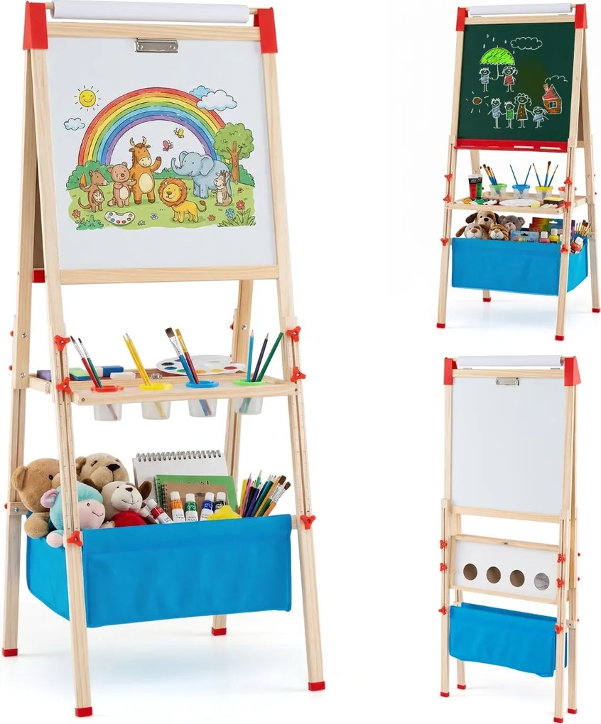 Cavalete infantil ajustável dobrável 56 x 53 x 120-145 cm dupla face com quadro branco magnético, rolo de papel, 4 copos, bandejas Natural + Vermelho