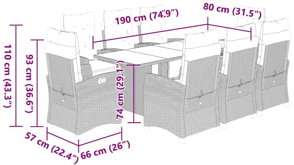9 pcs conjunto de jantar p/ jardim c/ almofadões cinzento claro